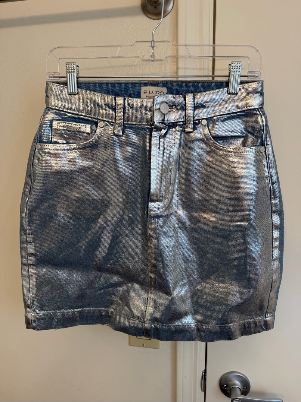 NWT Pilcro Anthropologie Metallic Silver Foil Mini Denim Skirt Size 4
